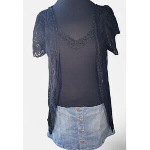 Black Chantilly Lace Open Front Tunic Cardigan Floral M Whimsigoth Dark Romantic